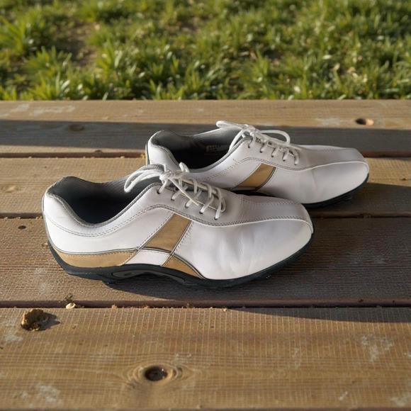 Footjoy Golf Shoes Women 6.5 M Summer Series Leather White Tan Pulsar Cleats - Picture 3 of 5